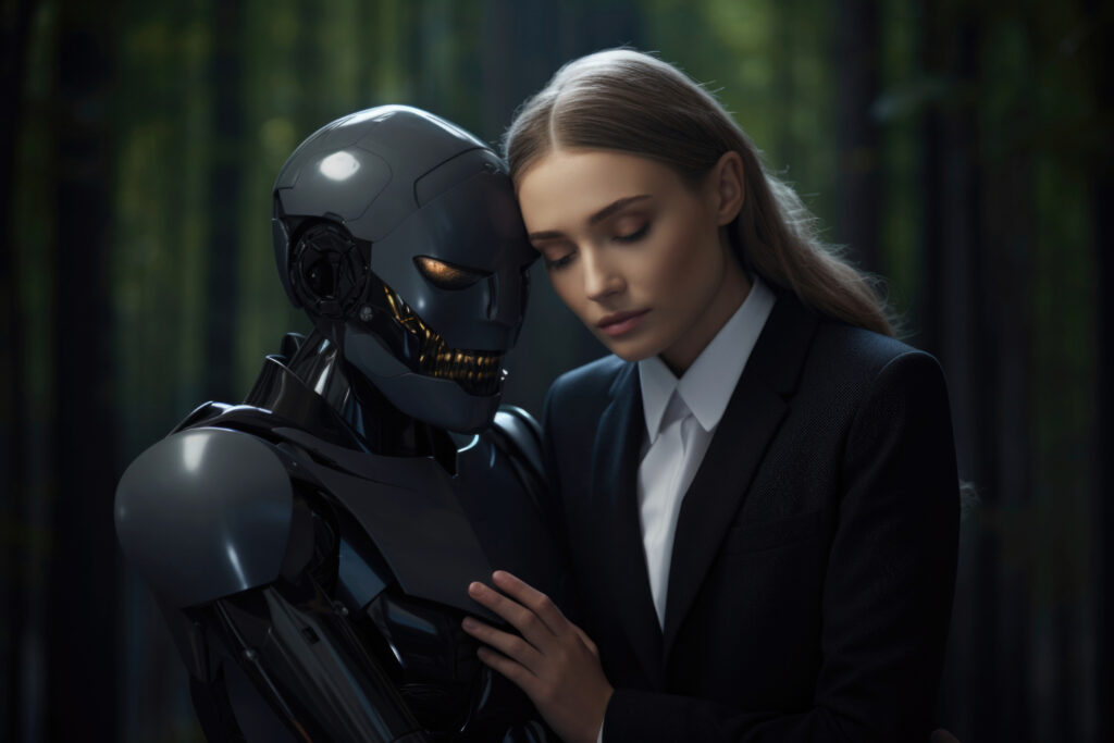 Robot będący symbolem AI stoi blisko prawniczki w eleganckim stroju.
